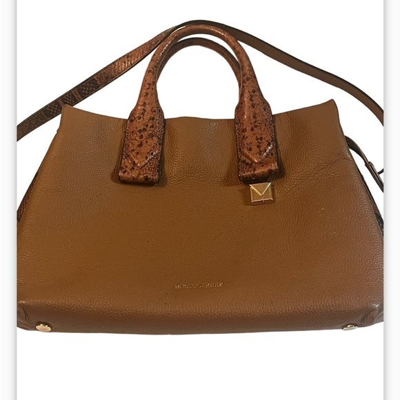 MICHAEL KORS Rollins Python and Tan Acron Leather Satchell Purse Chestnut Brown - Picture 4 of 15